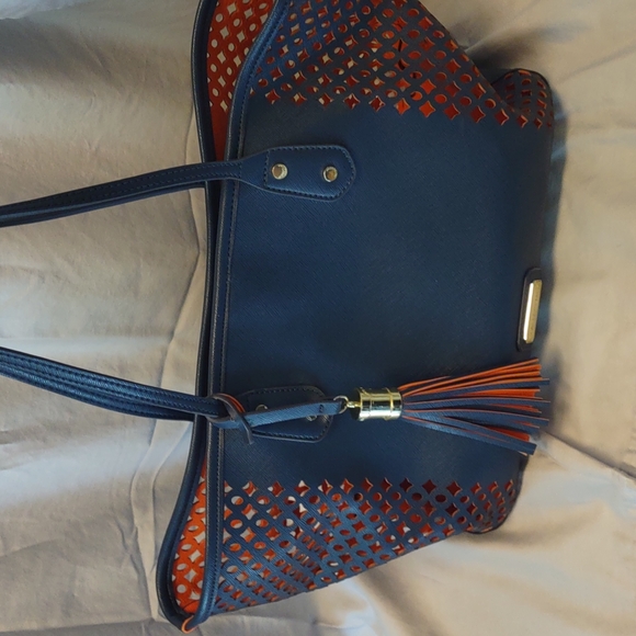 Big Buddha Navy/Orange Perforated Vegan Leather Tote - Picture 1 of 16